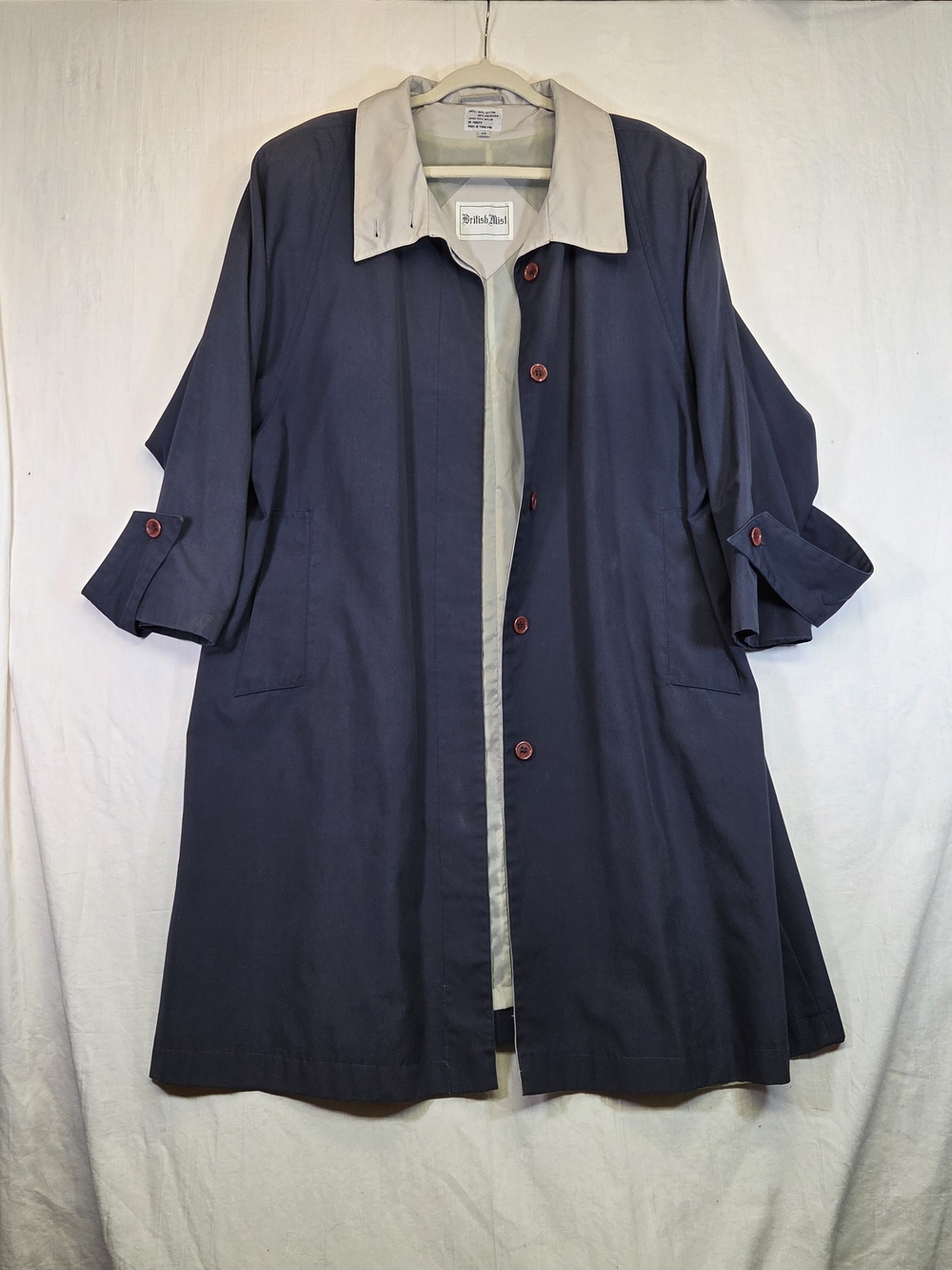British Mist Navy Beige Collar Button Front Raincoat Womens Size 12.#0422